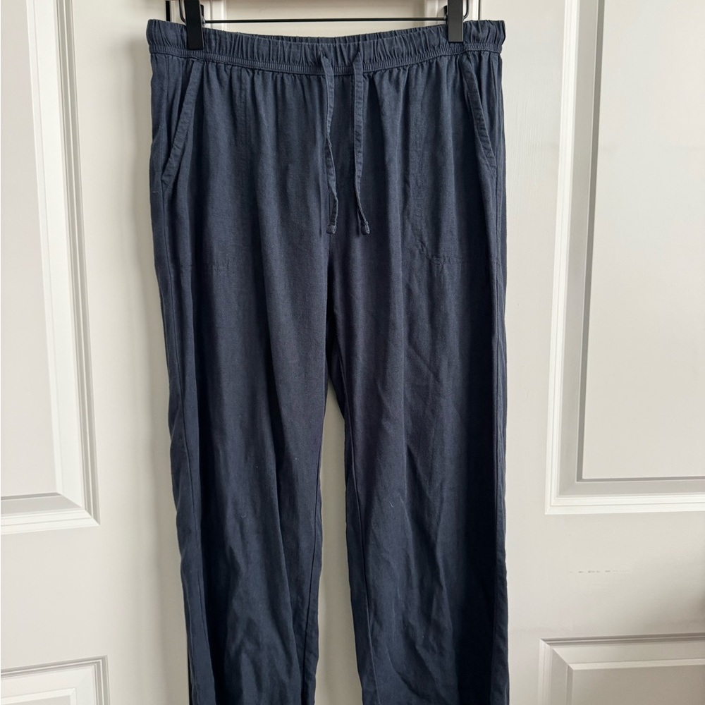 Navy Drawstring Linen-Blend Pants